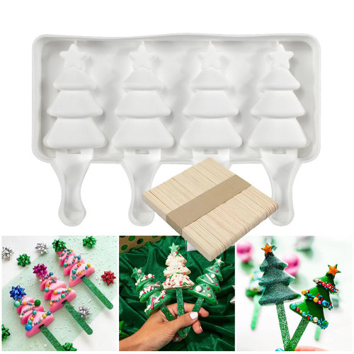 Popsicle Molds Cute Xmas Tree Shaped Ice Pop Molds Silicone 4 Cavities Popsicle Moulds for Kids Adults Ice Cream Mold Cake Pop Molds Popsicle Silicone Molds DIY Popsicle Maker with 50 Wooden Sticks