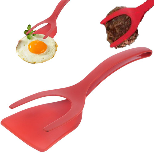 2 in 1 Grip And Flip Spatula Tongs Egg Flipper Tong, 2 in 1 Egg Spatula Flipper- 2 In 1 Tongs Grip & Flip Spatula Fried Egg Spatula Turner (Red)