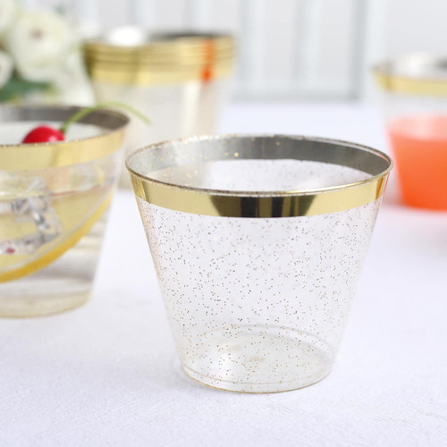 TABLECLOTHSFACTORY 25 Pack | 9oz Clear Gold Glittered Rim Plastic Party Cups, Disposable Cocktail Tumblers