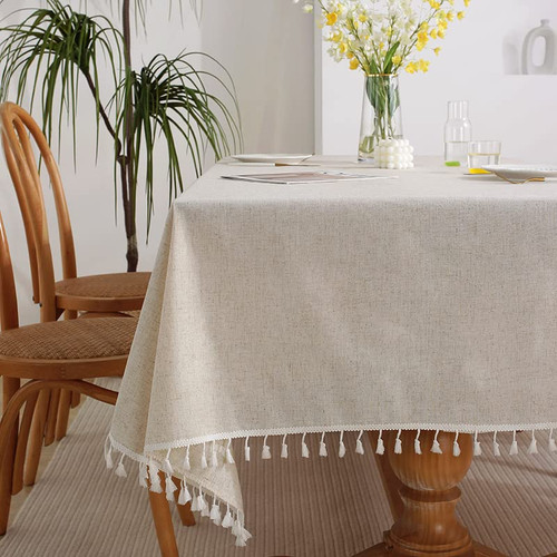 TACYKIBD Tablecloths for Rectangular Tables, Boho Tablecloth with Tassels, Dust Proof Cotton Linen Table Cover, Rustic Burlap Table Cloth for Farmhouse Dining Kitchen Decoration, 55x70 in Beige