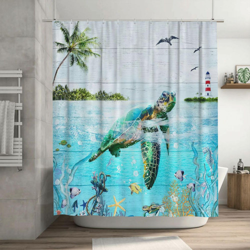 KAPRIO Sea Turtle Shower Curtain Ocean Turtle Shower Curtain Polyester Fabric Home Bathroom Bathtub Decor with Hooks 72''X72''