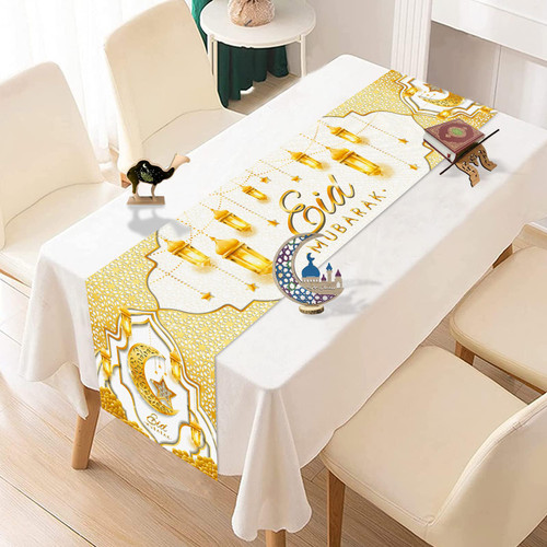 Fengrise Eid Mubarak Table Runner Ramadan Decorations - White Gold Ramadan Lantern Tablecloths Ramadan Decorations for Home 2024,Eid Mubarak Table,Passover Decor,Ramadan Decorations Supplies(72 X 13)
