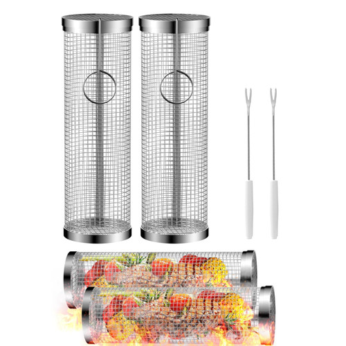 Rolling Grilling Baskets,Grill Baskets for Outdoor Grill, SkoosB Stainless Steel Rolling Grill Basket, BBQ Grill Accessories Vegetable Grill Basket for Fish, Shrimp, Meat, Vegetables(2PCS-12in)