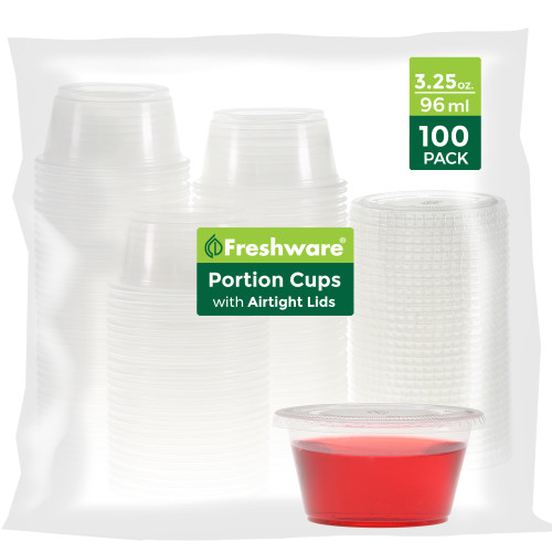 Freshware Plastic Portion Cups with Lids [3.25 Ounce, 100 Sets] Disposable Plastic Cups for Meal Prep, Salad Dressing, Jellos Shot Cups, Souffle Cups, Condiment and Dipping Sauce Cups
