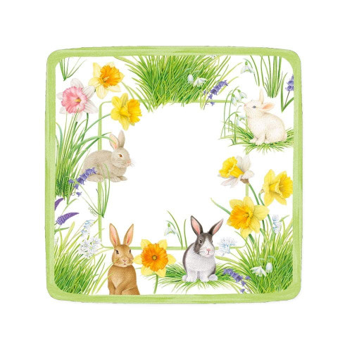 Caspari Bunnies and Daffodils Square Paper Salad & Dessert Plates, 8 Per Package