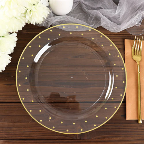 TABLECLOTHSFACTORY 10 Pack | 10" Clear Dinner Plates, Round Plastic Disposable Tableware Plates - Gold Dot Rim