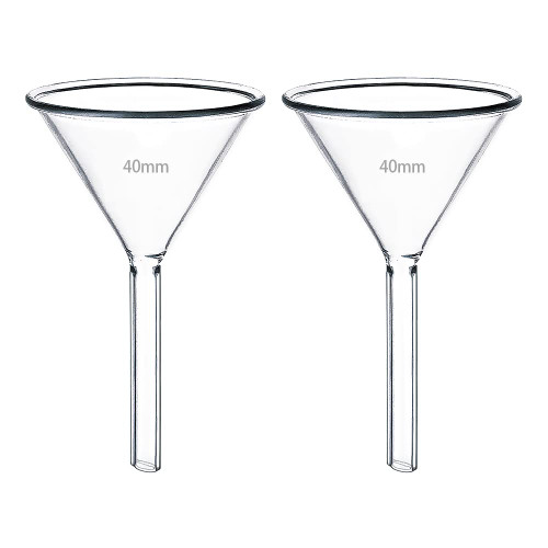 40mm Glass Funnel, Short Stem 3.3 Borosilicate Glass Funnel for Science Labs and Home Kitchen Use, HUAOU, Pack of 2
