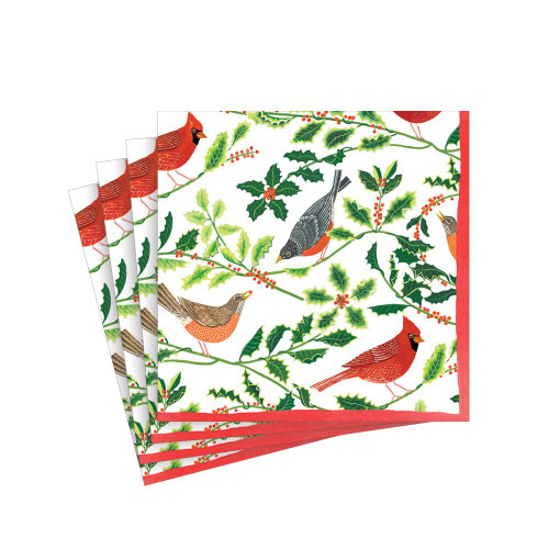 Songbirds and Holly Paper Cocktail Napkins in White - 20 Per Package
