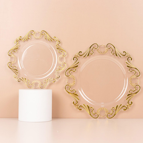 Efavormart 10 Pack Clear Gold Vintage Baroque Plastic Dessert Plates With Scalloped Rim, European Style Disposable Salad Appetizer Plates - 8"