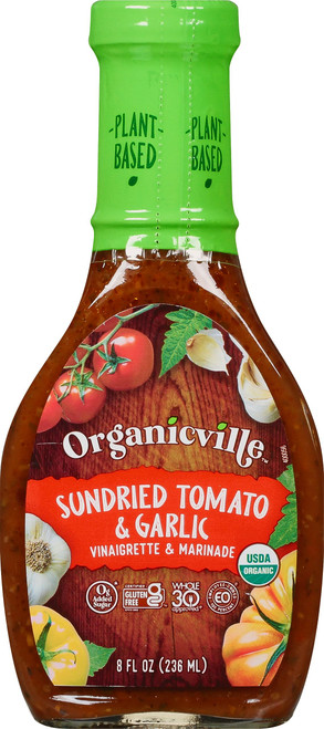 Organicville Sundried Tomato and Garlic Vinaigrette - Salad Dressings, Keto Friendly, Gluten Free, Organic, Vegan, 0g Added Sugar, Whole 30, Paleo, Made with Organic Sun Dried Tomatoes - 8 Oz