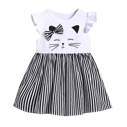 Baby Toddler Girls Casual Dress Summer Clothes for 1-3 Years Old Kids Sleeveless Cat Print Stripe Princess Dress (12-18 Months, White)