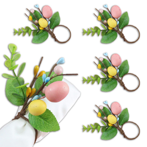 Brihasory Easter Napkin Rings Set of 4, Spring Eggs Wood Holiday Napkin Rings Handmade Eucalyptus Leaf Green Easter Napkin Holder Table Decor for Farmhouse Garden Dinner Weddings Christmas Party