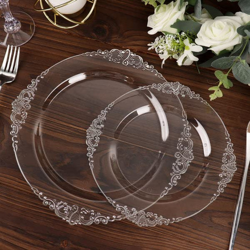 TABLECLOTHSFACTORY 10 Pack | Clear/Silver Baroque 8" Round Plastic Dessert Salad Plates, Disposable Tableware with Leaf Embossed Gold Rim