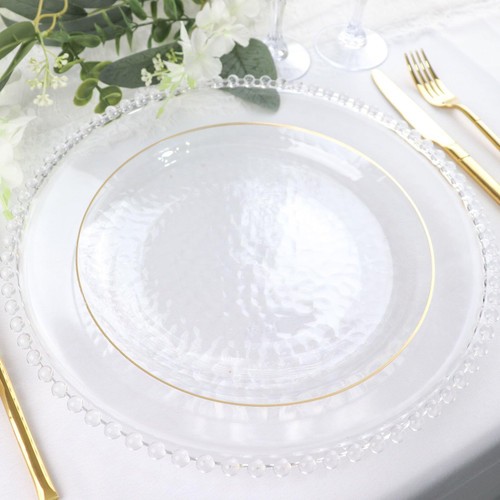 Efavormart 10 Pack | Clear Hammered 9" Round Plastic Dessert Appetizer Plates With Gold Rim, Disposable Salad Party Plate