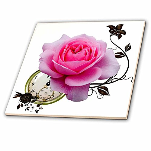 3dRose ct_102674_2 Steampunk Design Pink Rose and Clock Design-Ceramic Tile, 6-Inch