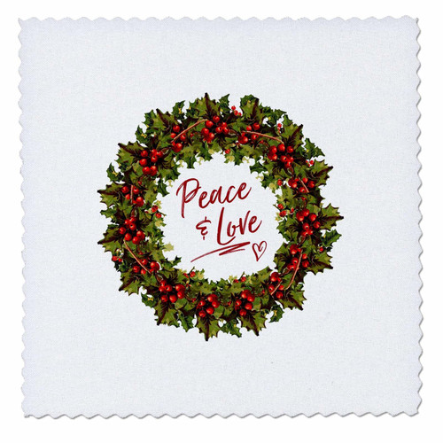 3dRose Peace and Love- Holly Wreath with red Text on White Background - Quilt Squares (qs_352529_1)
