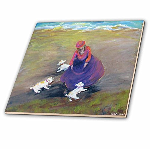 3dRose ct_66331_2 Triplets, 3 Poodles with Seaside Girl in Purple and Pink-Ceramic Tile, 6-Inch