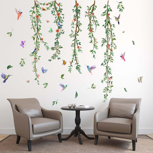 PinkEleph Hanging Vines Leaves Wall Stickers - Plants Green Leaves Birds Flower Wall Decals - Living Room Bedroom TV Sofa Background Family Wall Decor