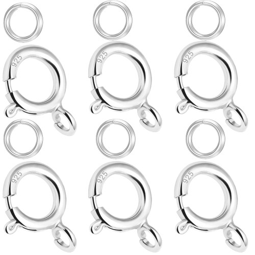 Spring Clasps 925 Sterling Silver with Open Jump Rings Round Clasps for Necklaces Bracelet Or Jewelry Making, (6Pcs Silver, 0.28inch?7mm))
