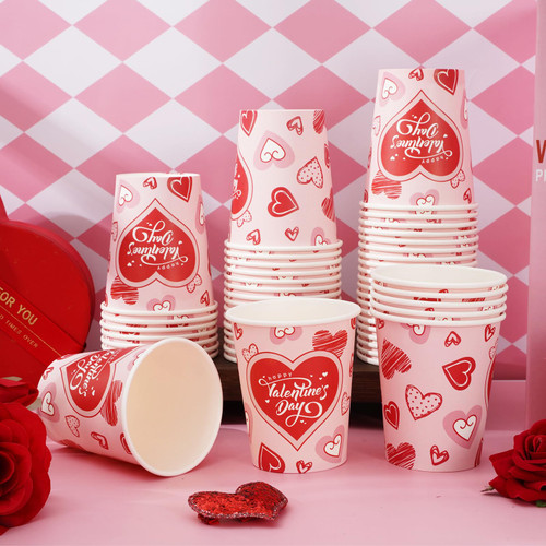 Whaline 50Pcs Valentine's Pink Heart Paper Cups 9oz Sweet Red Pink Heart Love Print Valentines Disposable Cups Dinnerware for Hot Chocolate Beverage Wedding Anniversary Holiday Party Supplies