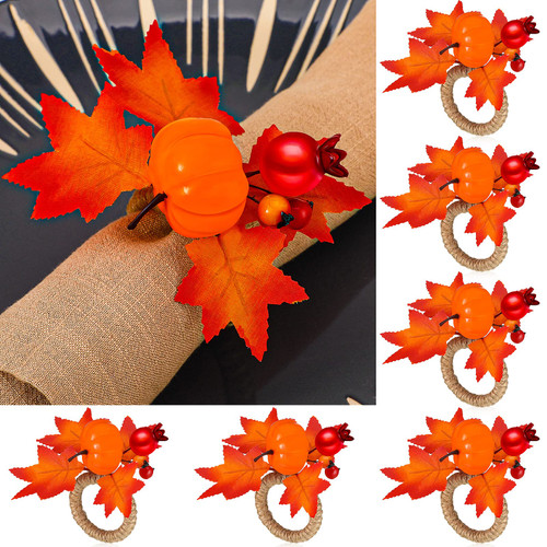 6 Pieces Fall Napkin Ring Thanksgiving Napkin Ring Holder Buckle Fall Themed Harvest Napkin Holder Maple Pumpkin Napkin Ring for Dinner Fall Gathering Table Decoration (Orange Leaf Style)