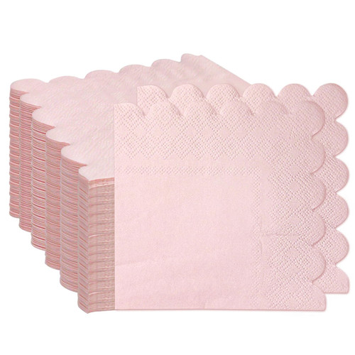 100 Pieces 2-Ply Light Pink Scalloped Napkins Folded 5 x 5 inch Disposable Cocktail Napkins Paper Napkins for Dinner Wedding Birthday Party Pink Beverage Napkins