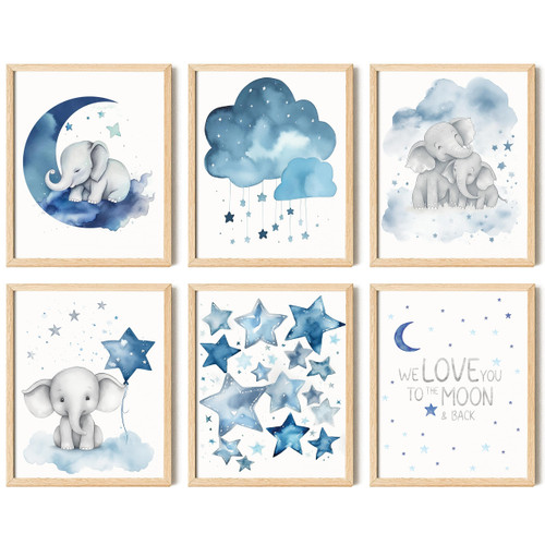 97 Decor Baby Girl Elephant Nursery Decor - Baby Boy Room Decorations for Nursery Wall Decor, Blue Moon and Stars Nursery Art Prints, Cute Elephant Poster Animal Picture for Bedroom (8x10 UNFRAMED)