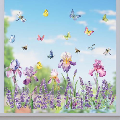 decalmile Iris Flower Lavender Window Clings Grass Butterflies Easter Window Decals Anti-Collision Glass Window Doors Window Stickers(W: 116cm/45.7 Inches)