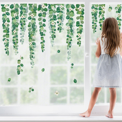 decalmile Green Hanging Vine Window Clings Tree Leaves Plants Window Decals Anti-Collision Glass Window Doors Window Stickers