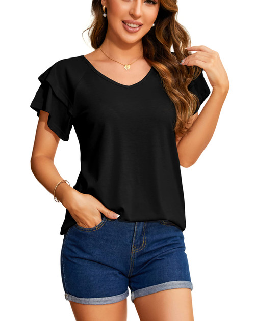 Womens Tops Dressy Casual Summer 2023 Ladies Loose Fit Blouses Puff Sleeve Business Tshirt V-Neck Shirt Trendy Tunic Tops, Black Medium