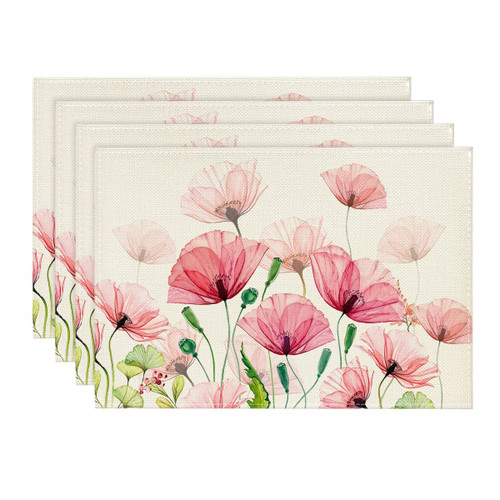 Artoid Mode Poppy Floral Leaves Spring Placemats Set of 4, 12x18 Inch Seasonal Summer Table Mats for Party Kitchen Dining Decoration
