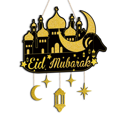Putuo Decor Ramadan Kareem Door Sign Eid Mubarak Moon Wooden Plaque Sign Ramadan Mubarak Decorations for Home Decor Wood Hanging Ornaments Lantern Pendant for Islamic Muslim Door Wall Decor Black Gold