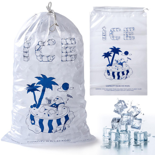 Ice Bags 8 lb with Drawstring, 50 Pack Reusable Ice Cube Bags, 11 x 19 Inch Heavy-Duty Ice Bags for Ice Machines, Ice Storage Bags with Plastic Drawstring for Freezer Keeper(2 Mils Thickness)