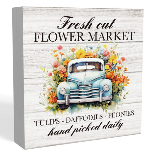 Rustic Spring Office Desk Decor - Cute Fresh Cut Flower Market Spring Wood Sign - Farmhouse Spring Tiered Tray Decoration - Cubicle Shelf Bathroom Decor for Women 5 x 5 in