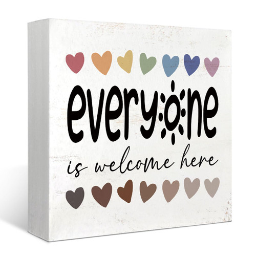 Mtrgdn Boho Classroom Desk Decor Everyone is Welcome Here Wood Box Sign,Back To School Welcome Sign,Wooden Plaque Sign Office Desk Classroom Shelf Table Decoration,Gifts for Teacher Women