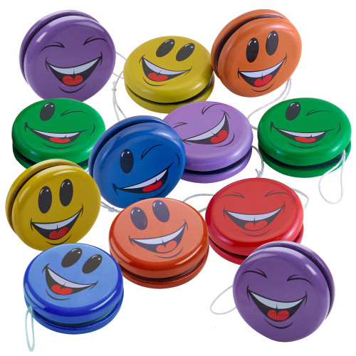 Playbees Metal Smiley Faces Yo-Yos - Set of 12 - 2 Inch Yo-Yos for Kids - Assorted Colors Emoticon Yo-Yos - Bulk Yo-Yos for Beginners, Ideal for Party Favors, Party Bag Collection, Birthday, Giveaways