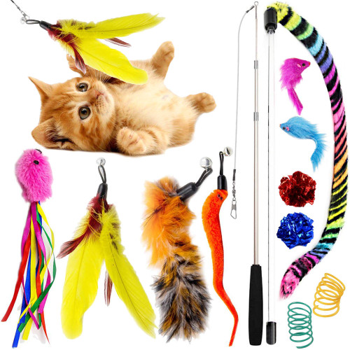 Youngever 12 Pieces Cat Toys Teasing Feather Toy, Retractable Wand with Assorted Teaser Refills, Interactive Feather Teaser Wand Toy Bell Kitten Cat Having Fun Exerciser Playing