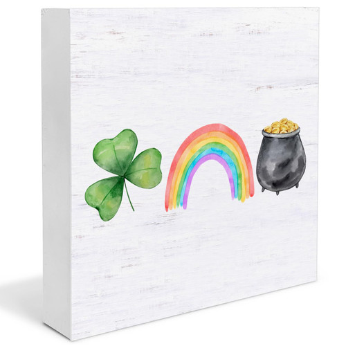 St. Patricks Day Decor - St. Patricks Day Decorations Shamrock Rainbow Gold Wood Decorative Box Sign - Home Decor for Desk Table Shelf 5 x 5 Inches
