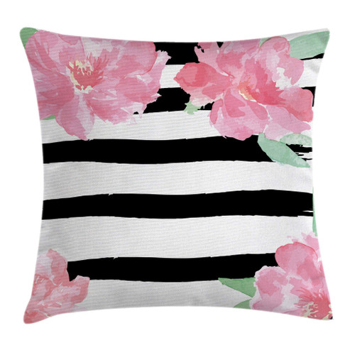 Ambesonne Floral Throw Pillow Cushion Cover, Watercolor Peony Flowers with Black Brush Strokes Romantic Spring Print, Decorative Square Accent Pillow Case, 16" X 16", White Pink