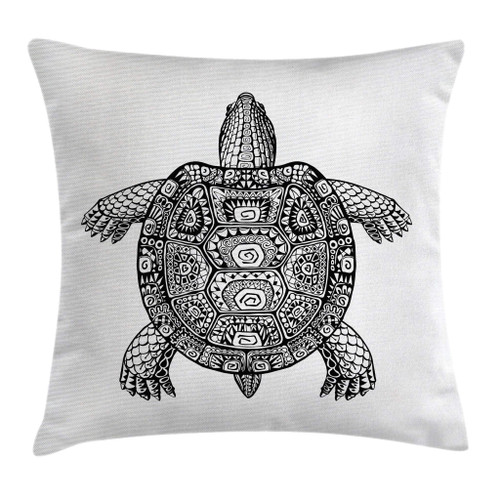 Ambesonne Turtle Throw Pillow Cushion Cover, Tribal Patterns on Turtle Illustration Monochrome Animal Themed Tortoise Print, Decorative Square Accent Pillow Case, 16" X 16", Black and White