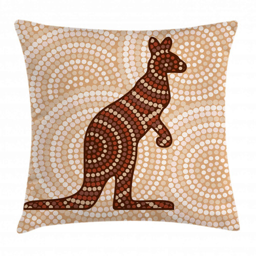 Ambesonne Tropical Animals Throw Pillow Cushion Cover, Aboriginal Kangaroo Motif Cream Toned Circling Dot Design, Decorative Square Accent Pillow Case, 16" X 16", Redwood Brown