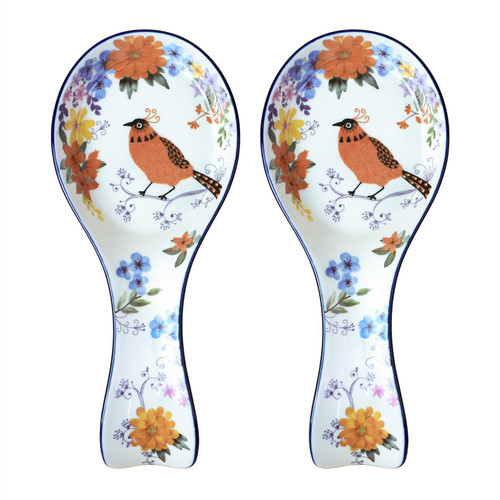Sizikato Set of 2 Ceramic Spoon Rests, Utensil Ladle Rest for Kitchen, Flower and Ladybug Pattern (Bird A)