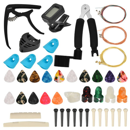 TIMESETL Guitar Accessories Kit Guitar Tool Changing Kit Include Acoustic Guitar Strings, Tuner, Capo, String Winder, Picks, Pick Holder, Bridge Pins, Nuts & Saddles, Finger Protector, Finger Picks