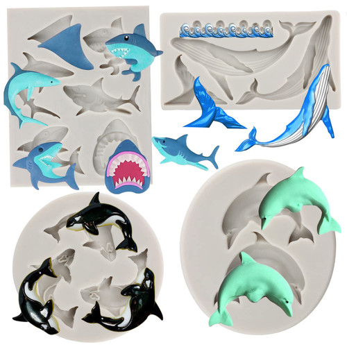 Sijiangmold Ocean Shark Fondant Mold Dolphin Silicone Fondant Mold Whale Fishtail Chocolate Molds For Ocean Theme Cake Decorating Cupcake Topper Candy Gum Paste Polymer Clay Set Of 4