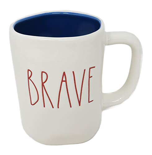 Rae Dunn By Magenta BRAVE Ceramic LL Coffee Tea Mug With Red Letters And Blue Interior