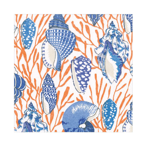 Caspari Shell Toile Luncheon Napkins in Coral & Blue - 20 Per Package