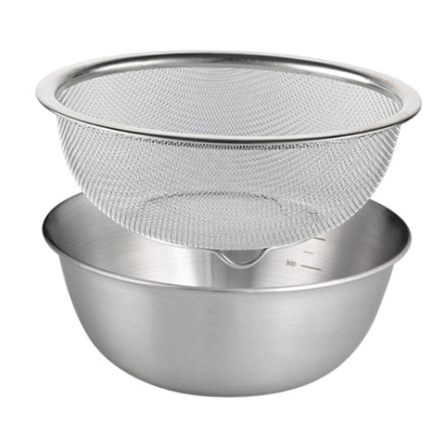 Gralara 2 Pieces Fruit Vegetable Washing Basket, Rice Washing Bowl Colander Food Strainers Set, 304 Stainless Steel Colander with Mixing Bowl for Rice, 18cm