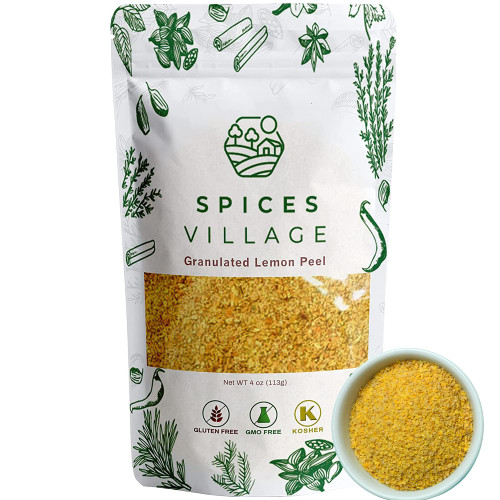 SPICES VILLAGE Dried Lemon Peel Granules (4 Oz) - Lemon Zest, Fresh Lemon Rind, Citrus Fruit Seasoning for Cooking, Baking & Herb Tea - Kosher, Gluten Free, Non GMO, Resealable Bulk Bag SPICES VILLAGE Dried Lemon Peel Granules (4 Oz) - Lemon Zest, Fresh Lemon Rind, Citrus Fruit Seasoning for Cooking, Baking & Herb Tea - Kosher, Gluten Free, Non GMO, Resealable Bulk Bag