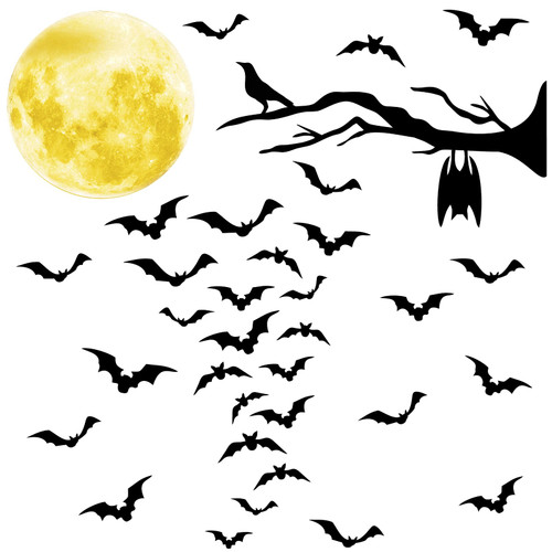 Halloween Moon Bat Wall Stickers Tree Branch Wall Decals Black Crow Vinyl Bat Wall Decals Peel and Stick Halloween Moon Wall Stickers Removable Halloween Wall Stickers Party Decorations