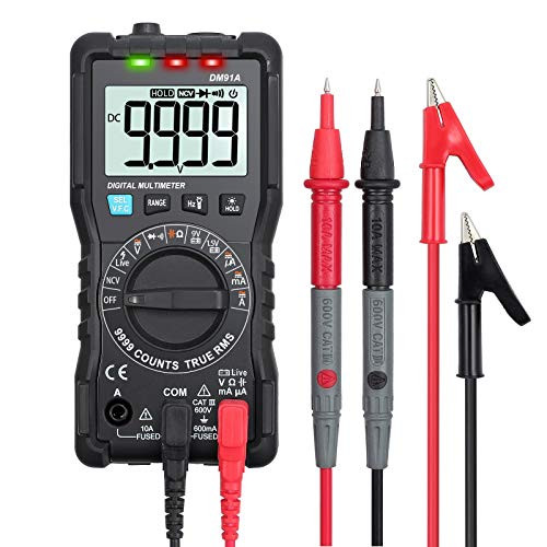 CAMWAY Digital Multimeter TRMS 9999 Counts Auto-Ranging Backlit VFC NCV Digital Meter, AC/DC Amp Volt Ohm Tester, Capacitance with Test Lead Probe & Banana Plug to Alligator Clips Heavy Duty